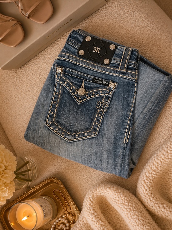 Miss Me Denim - Miss Me Medium Blue Stud-Trim Bootcut Jeans